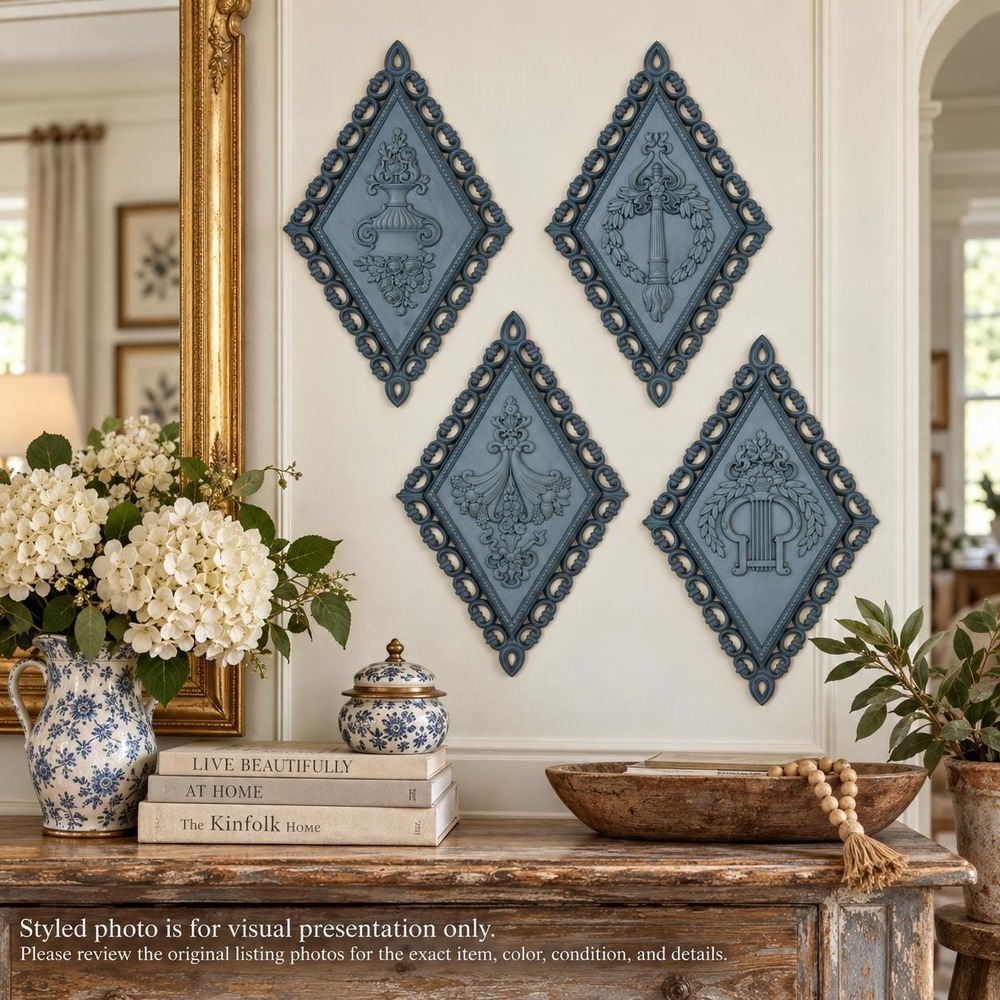 Vintage Homco Wall Plaques Set of 4 Blue Diamond Wall Decor 1971 Made in USA